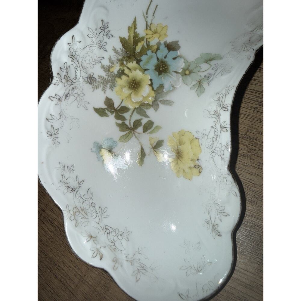 Antique Bone Dish Floral Yellow And Blue Replacement Dish 7.7x3” Flowers